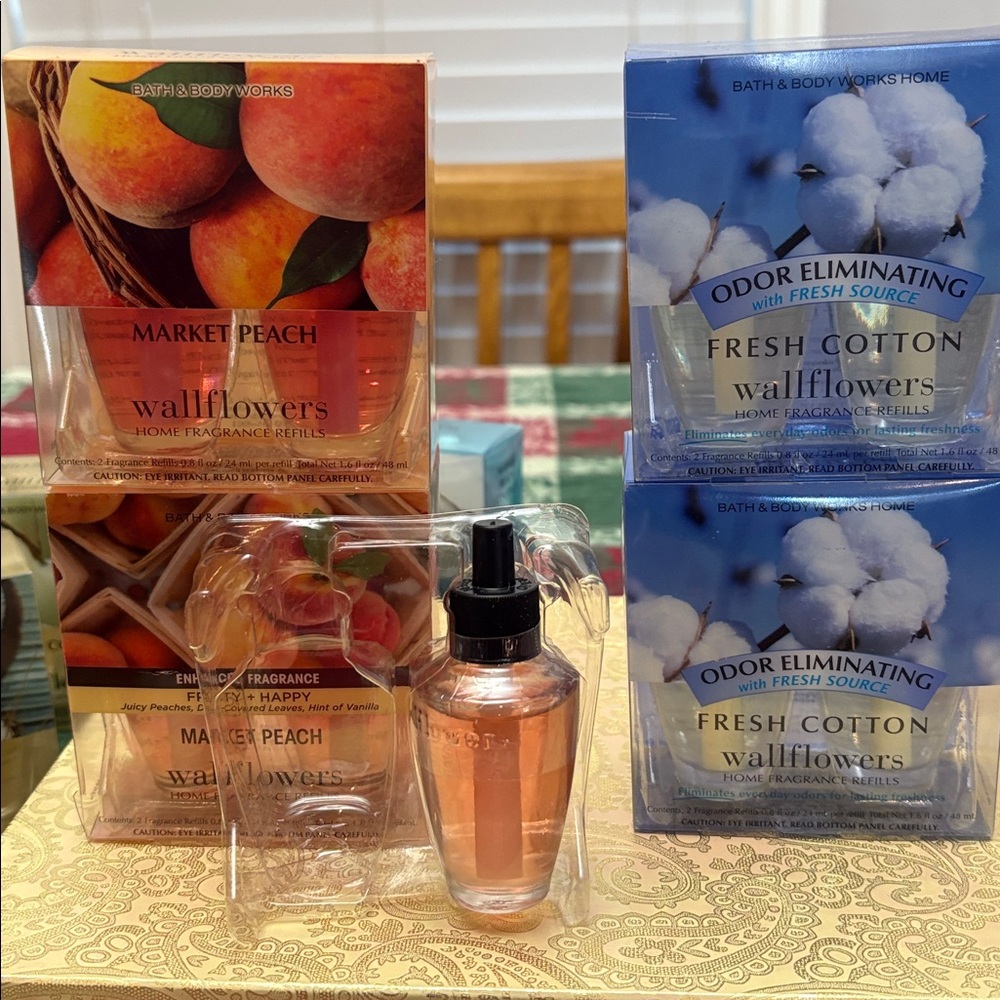 5 Market Peach and 4 Fresh Cotton Wallflower Plug Refills bath & body works